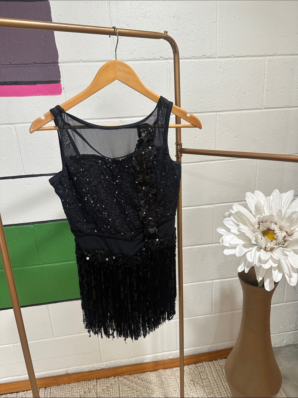 Dance costume black sequin fringe